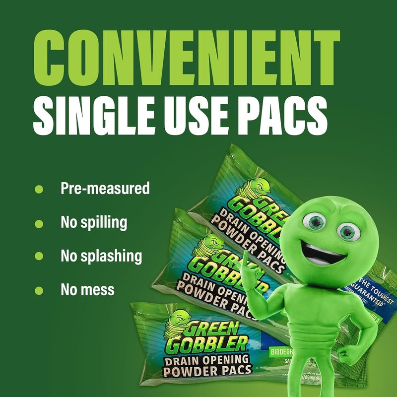 Green Gobbler Drain Opening Powder Pacs - 6.5oz, Pack of 5 with Free Hair Grabber Tools - Image 2